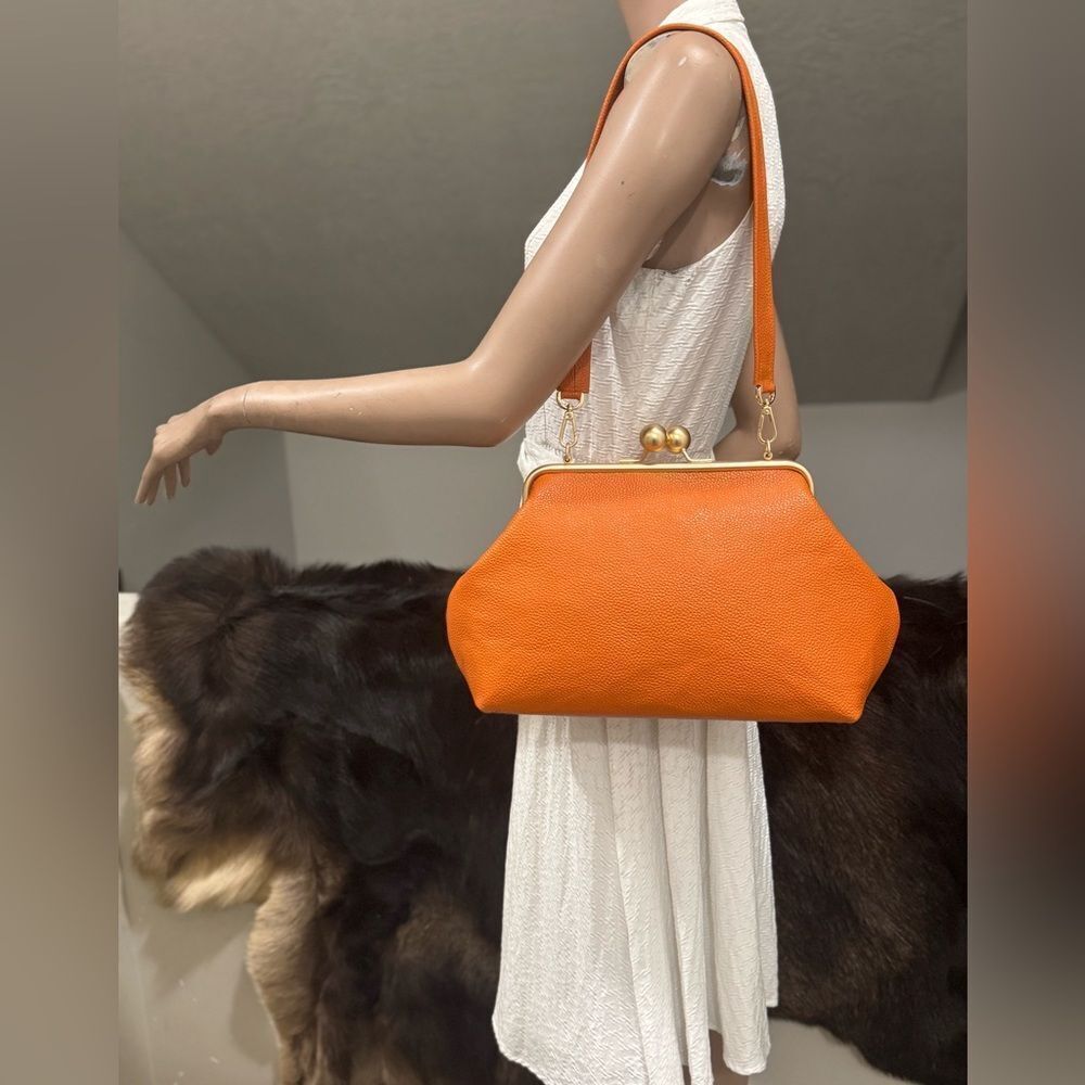 Orange Pebble Leather Handmade Vintage Style Extra Large Kisslock Frame Bag